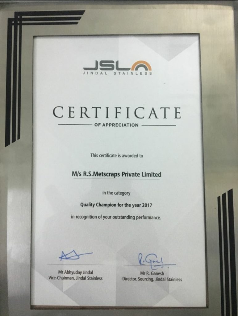 R S Metscraps Pvt. Ltd. awarded as Quality Champions by Jindal Stainless in 2017